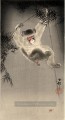 singe balançant d’une branche de bambou observant une mouche Ohara KOSON Shin Hanga